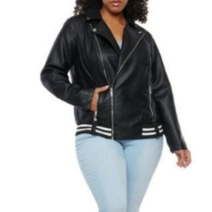 Plus Size Faux Black Leather Ribbed Knit Tr Jacket